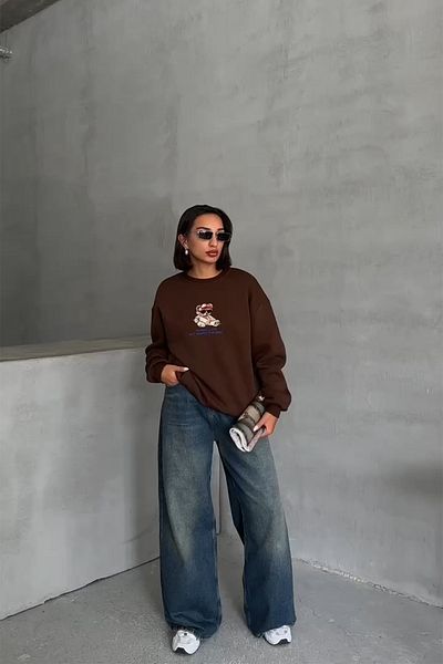 Neşeli Butik Кафяв бродиран памучен дамски суитшърт - NBG035