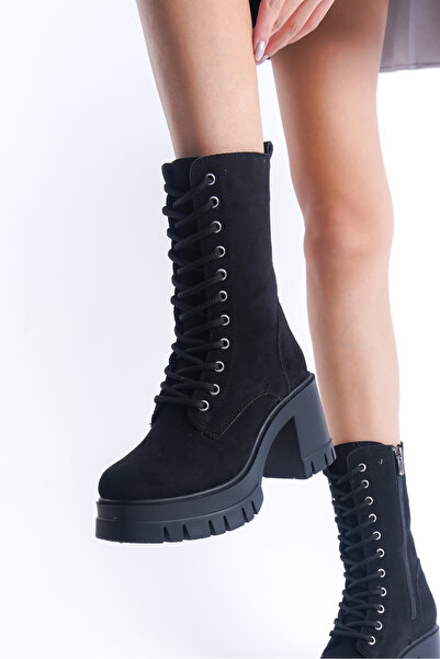 SEEM & BE Reina Kalın Topuklu Bağcıklı Kadın Süet Siyah Bot