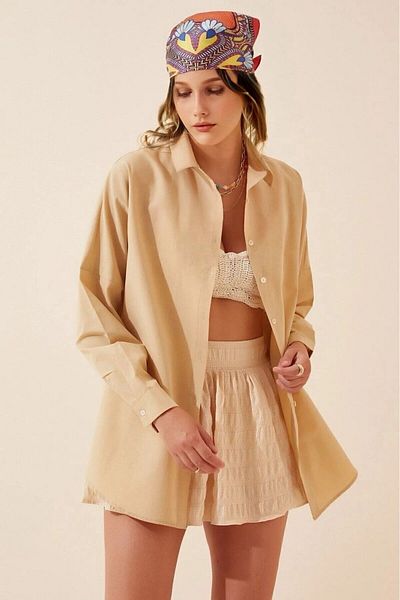 hazelin Γυναικείο Μπισκότο Oversize Μακρύ Βασικό Πουκάμισο Hzl22w-bd 139001