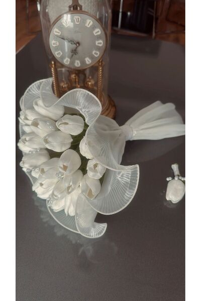 Massgai Premium Kalite Islak Lale Pileli Tüllü Incili Gelin Çiçeği Bridal Bou...