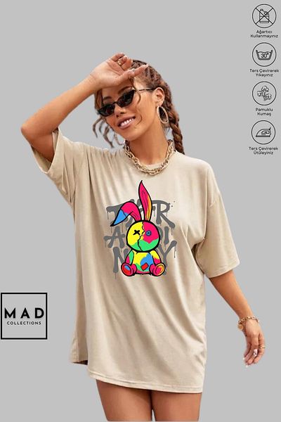 MAD COLLECTİON MAD COLLECTION Unisex Oversize Crew λαιμόκοψη, βαμβακερή ραφή με κουνέλι με στάμπα κοντομάνικο μπλουζάκι