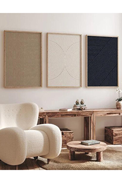 Linacci Üçlü Gold Metal Çerçeveli Desen Baskı Çizgi Cam Tablo Seti