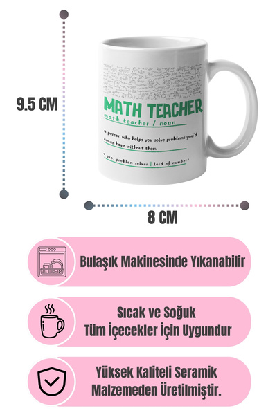 qoeuyl boutique Math Teacher Noun Baskılı Matematik Öğretmeni Sözlük Anlamı Öğretmene Hediyelik Beyaz Kupa Bardak