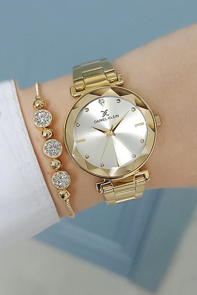 Daniel Klein New Model Cut Glass Steel Bracelet Gold Yellow Women's Wrist Watch + Zircon Stone Bracelet