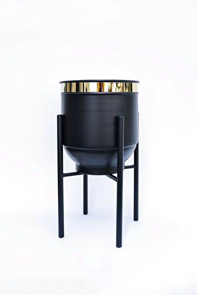 Genel Markalar Metal Saksı Ayaklı Çiçeklik Dekoratif Siyah Gold Detay Saksılık Vazo 50x30