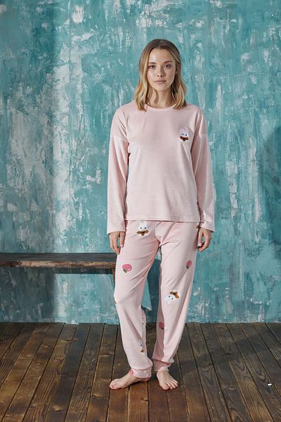 Mihra Rabbit Patterned Powder Color Women's Winter Pajamas Set