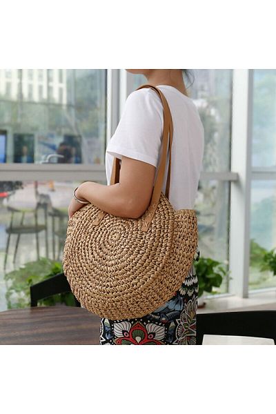 FASHION COCKTAIL Οβάλ Εισαγόμενη Holiday Beach Beach Club Πλεκτή ψάθινη τσάντα με δερμάτινο λουράκι - με τσέπη και φερμουάρ