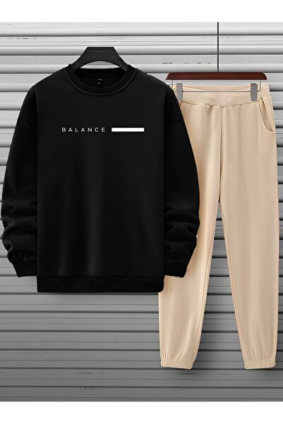 SeusCraft Unisex Μαύρο Μπεζ Σετ Φόρμας με στάμπα BALANCE Şardonlu