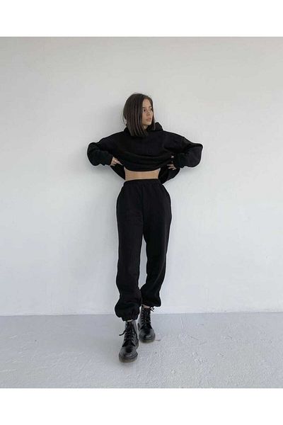 MAİ COLLECTİON Γυναικεία φόρμα με κουκούλα μαύρη διπλή φόρμα