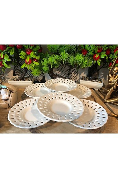 Atak Hediyelik Porcelain Oval Lace Motif 6-Piece Tea Plate Set