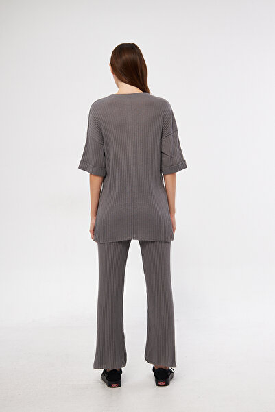 Oyga Women's Smoked Pajamas Set - Short Sleeve, Ribbed and Lycra, Report and Sweatpants Casual Homewear