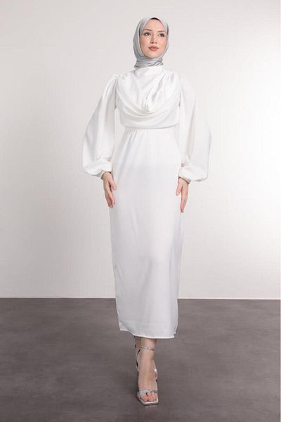 Lamia Giyim White Hijab Dress - Flowing and Belt Detail