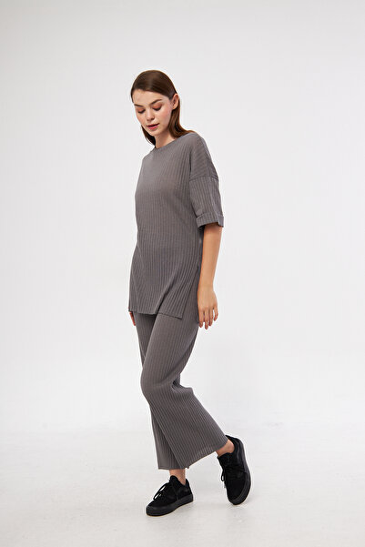 Oyga Women's Smoked Pajamas Set - Short Sleeve, Ribbed and Lycra, Report and Sweatpants Casual Homewear