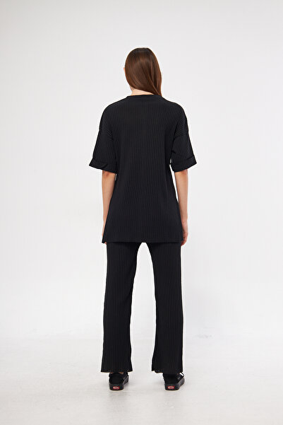 Oyga Γυναικεία μαύρα κοντομάνικα κοτλέ Lycra Report & Sweatpants, Casual Home Wear Σετ πιτζάμες