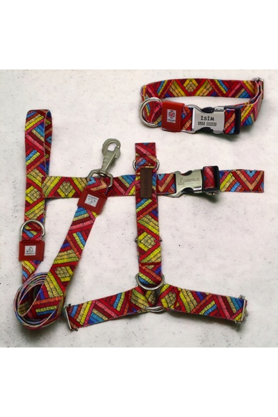 CARAMELOS İsimli-H Tipi Köpek Tasma Seti-(GÖĞÜS+BOYUN+GEZDİRME-İSME ÖZEL) Köpek Göğüs Tasması-Orta-Büyük Irk