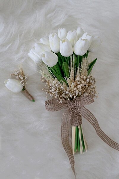 FdayAksesuar Gelin El Buketi 16 Beyaz Islak Laleli Gelin Çiçeği Ve Damat Yaka...