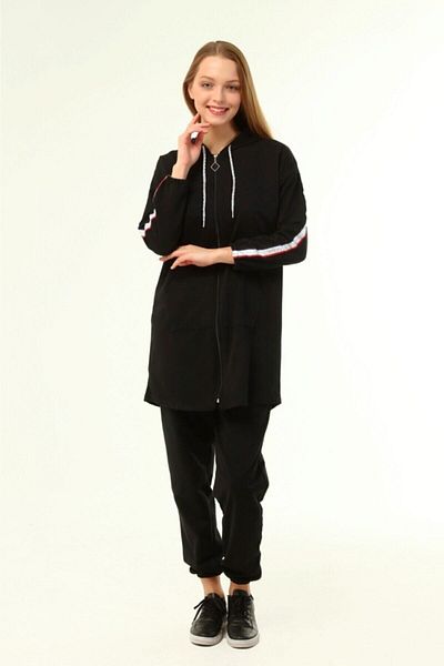 CNG MODA Women's Tomy Zippered Hooded Large Size Tracksuit Set Black