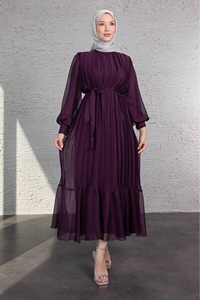 Lamia Giyim Purple Hijab Dress - Thin Pleated, Balloon Sleeve and Layered Ruffles