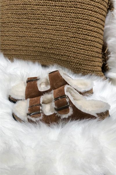 Uniqueqoop Παντόφλες Unisex Sheepskin Suede με σόλα από φελλό