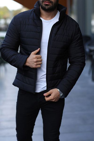 magko Černý nafukovací lemovaný Slim Fit kabát