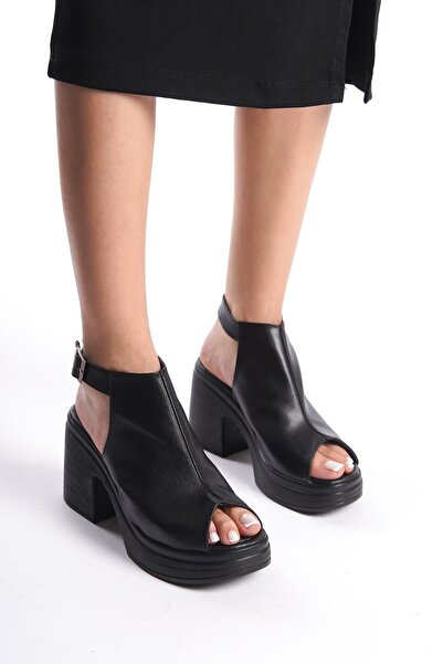 Preshley Women's Bite Black Ankle Strap Open Front Orthopedic Sole Platform Heel Shoes