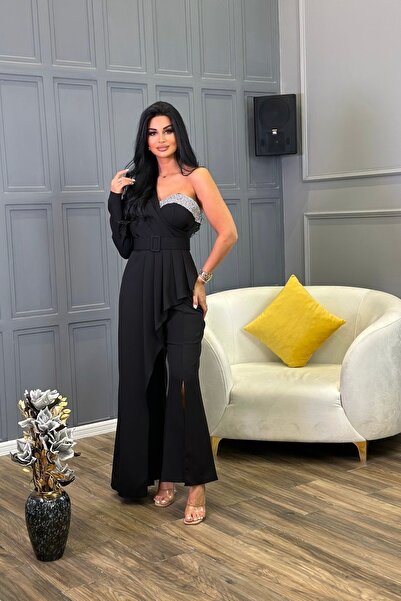 Helen Fashion Dabıl Tulum Tasarım Yırtmaçlı Kemerli Elbise