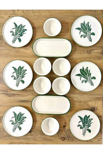 Yiğit Seramik Züccaciye Green Palm 14-Piece Breakfast Set for 6 People