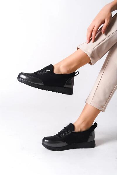 Preshley Galina Black Platinum Lace-Up - Ελαστική Ορθοπεδική Άνετη Μπαλαρίνα Mother Foot