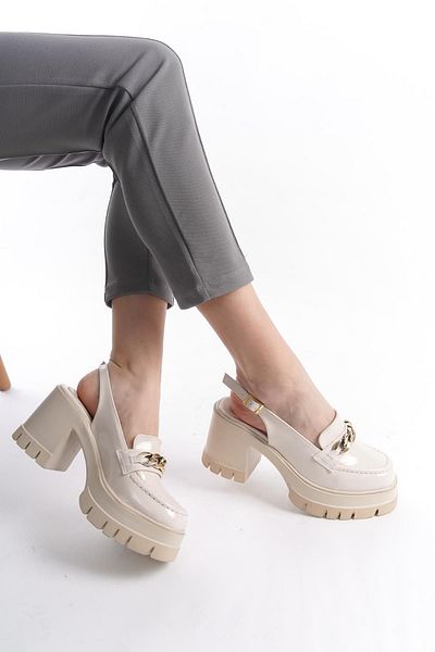 Preshley Bianca Cream Patent Leather - 8 cm Heeled Platform Open Back Women's Shoes 650