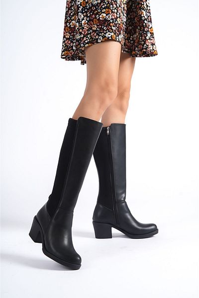 Preshley Γυναικείες μπότες Sabina Black Skin με τακούνι Back Diver από ύφασμα