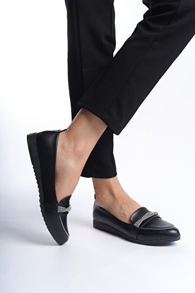 Preshley Women's Sansa Black Stone Detailed Casual Ballerinas