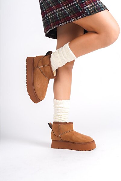 Preshley Μίνι μποτάκια Palermo Tan Suede - Με γούνα στο εσωτερικό, χοντρή σόλα (4,5 cm)