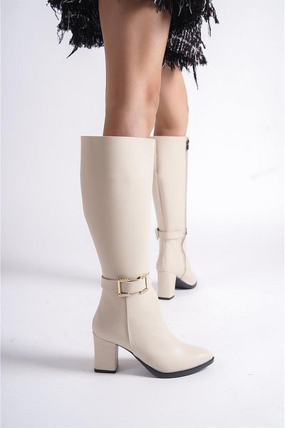 Preshley Γυναικείες μπότες Paris Cream - Λεπτομέρεια πόρπης, φερμουάρ στο πλάι, κάτω από το γόνατο 410