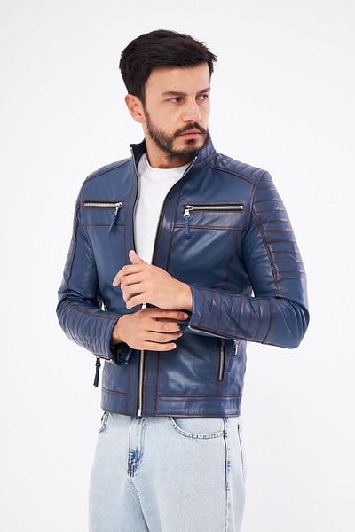 DERİNSS Derinss Der109 - Genuine Leather Men's Blue Coat