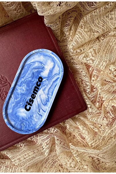 Çisem Dekoratif Mermer Görünümlü Mavi Beton Mum Takı Ve Saksı Altlığı Oval Tepsi