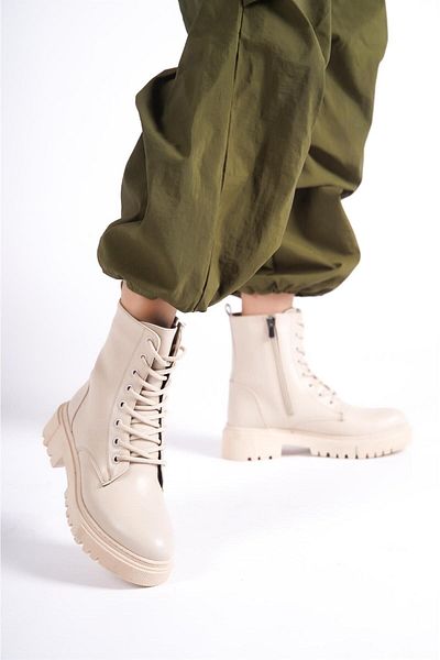 Preshley Γυναικείες μπότες Phantom Beige με φερμουάρ με κορδόνια αντιολισθητικές μπότες με χοντρή σόλα