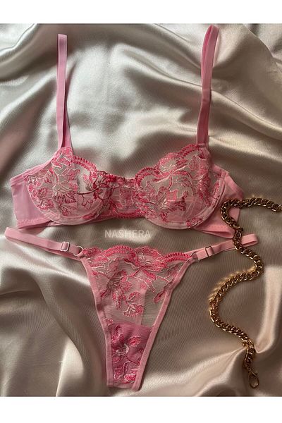 Nashera Set de lenjerie sutien din tul cu sârmă cu broderie florală roz