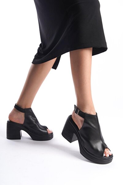 Preshley Women's Bite Black Ankle Strap Open Front Orthopedic Sole Platform Heel Shoes