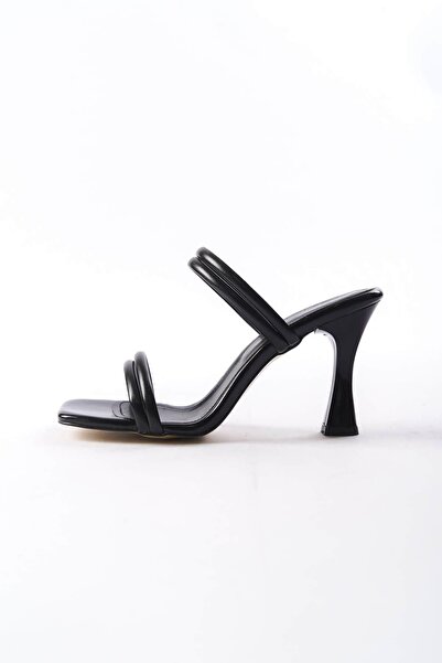 Preshley Μαύρες Δερμάτινες Γυναικείες Παντόφλες με τακούνι - 9 cm