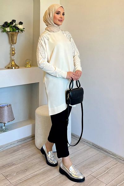 jldkids Πλεκτό Hijab Tunic - Κρέμα, Πέτρα στους ώμους