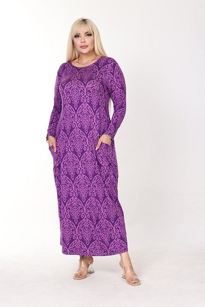 mami butik Plus Size Patterned Viscose Combed Cotton Dress - Long Sleeve, Maxi Length, with Hijab Pockets