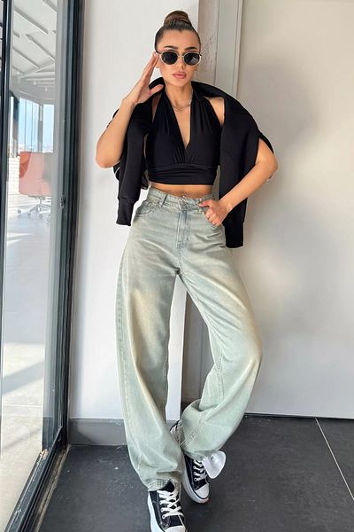 GÜLSELİ High Waist Belted Green Tint Women's Jean Jeans