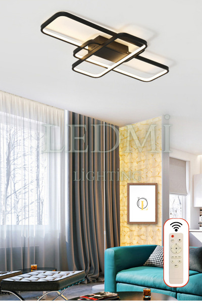 Ledmi Lighting Yüksek Aydınlatmalı Dikdörtgen Siyah Tavan Led Avize,3 Renk Aydınlatma,kumandalı Avize,salon Avizesi