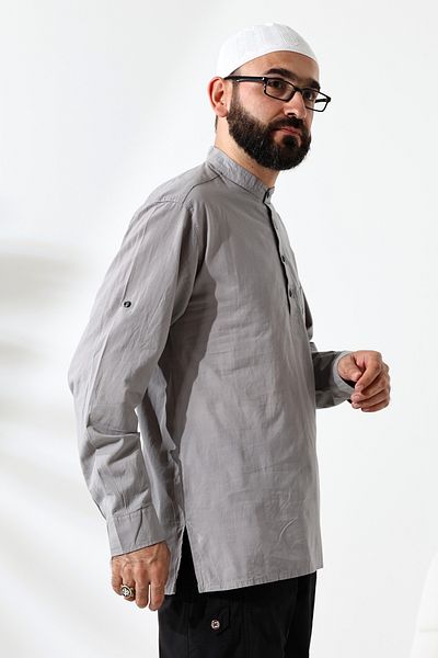 ihvanonline Men's Gray Judge Collar Half Patelon 100% Cotton Relaxed Fit Umrah Shirt