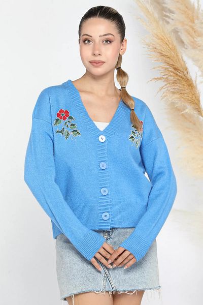 GÜLSELİ Cardigan de damă din tricotaj brodat albastru - brodat cu piatră