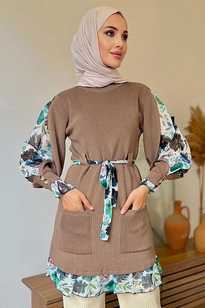 jldkids Women's Knitwear Tunic - Brown, Chiffon Detailed Sleeve and Skirt