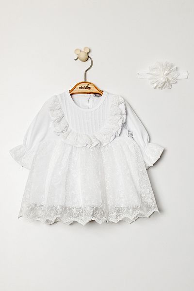 MİNİBORN New Born Girl Long Sleeve White Slim Dantella Detail Dress Set
