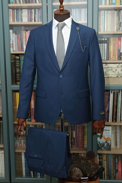 Querinca Navy Blue Large Size Classic Suit (Necktie and Collar Ornament Gift)
