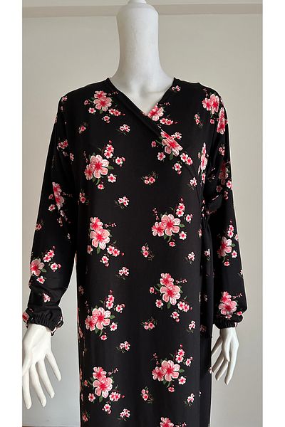 GİZGİYİM Pink Floral Black Side Tie Prayer Dress Plus Size
