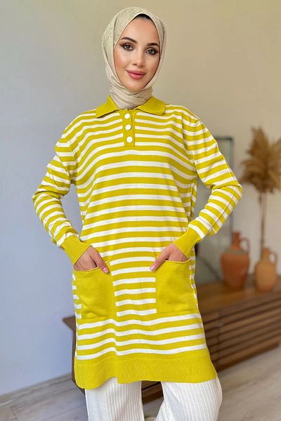 jldkids Γυναικείο πλεκτό τουνίκ με μισό κουμπί λαδί πράσινο ριγέ